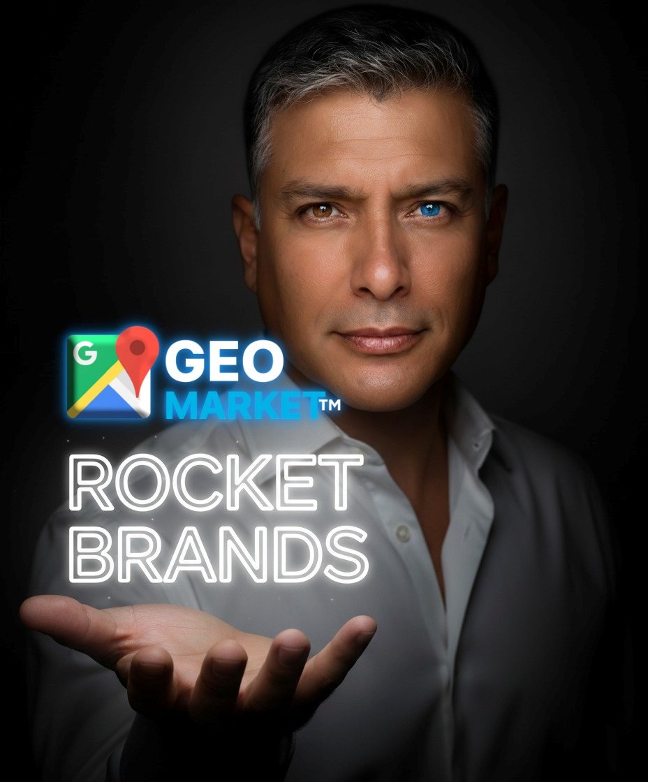 Imagen del experto de Rocket Brands Live sosteniendo luz neón con el logo de GEO MARKET